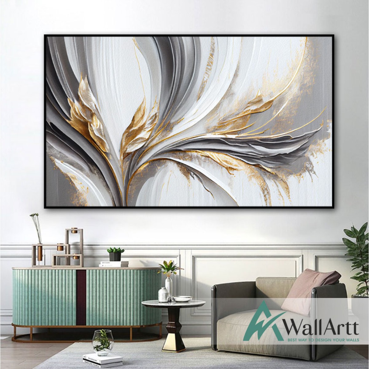 Abstract Gold  Leaves 3d Heavy Textured Partial Oil Painting